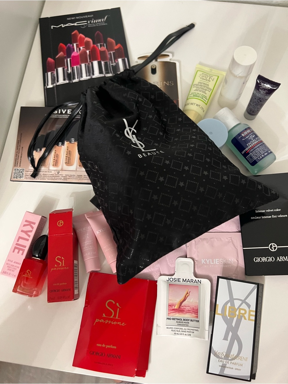 Yves Saint Laurent Black Drawstring Beauty Pouch with Assorted Sample Cosmetics